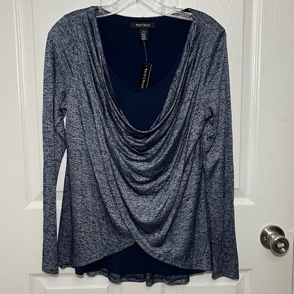 NWT WHITE HOUSE BLACK MARKET Heather Blue Navy Long Sleeve Cowl Neck Top | small - Picture 1 of 8